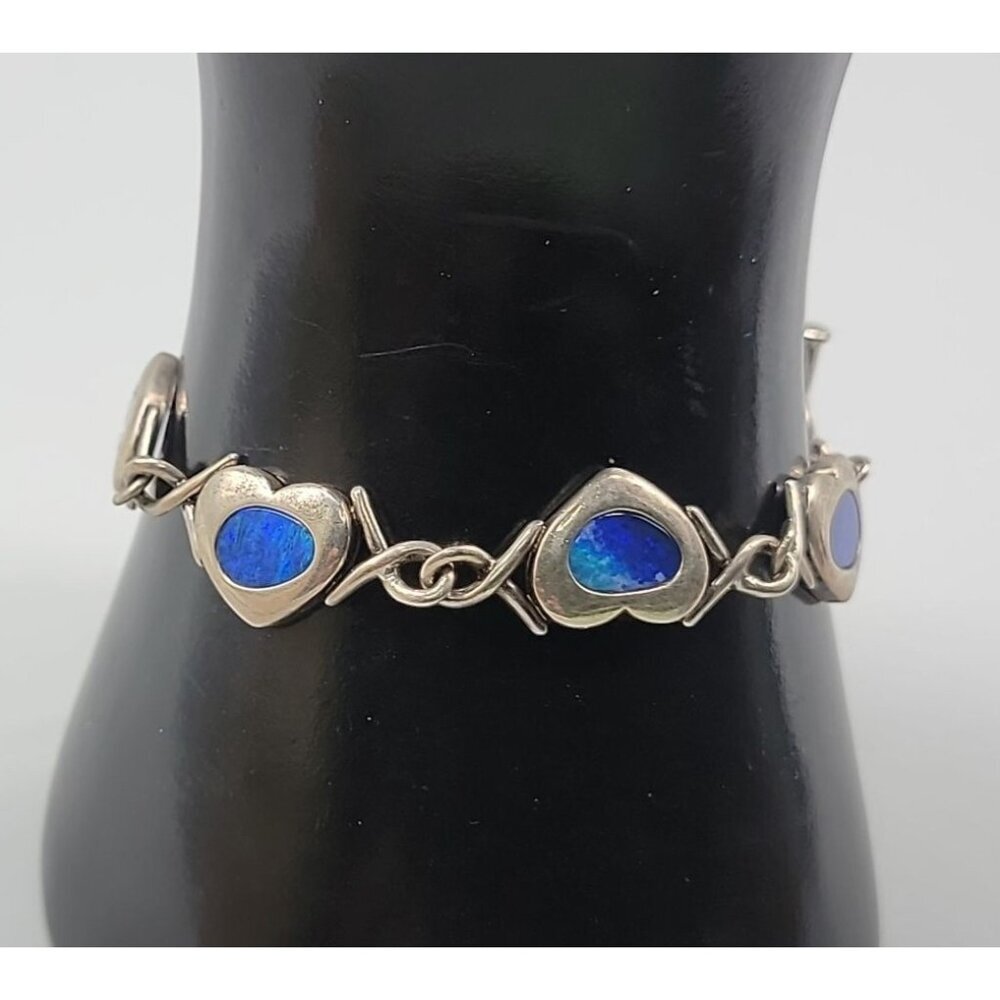 Blue Opal Sterling Silver Hearts &amp; X Links Bracelet Vintage WK 925 China SZ